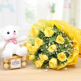 12 Yellow Rose, 16 Pcs Ferrero Rocher and a 6" cute teddy